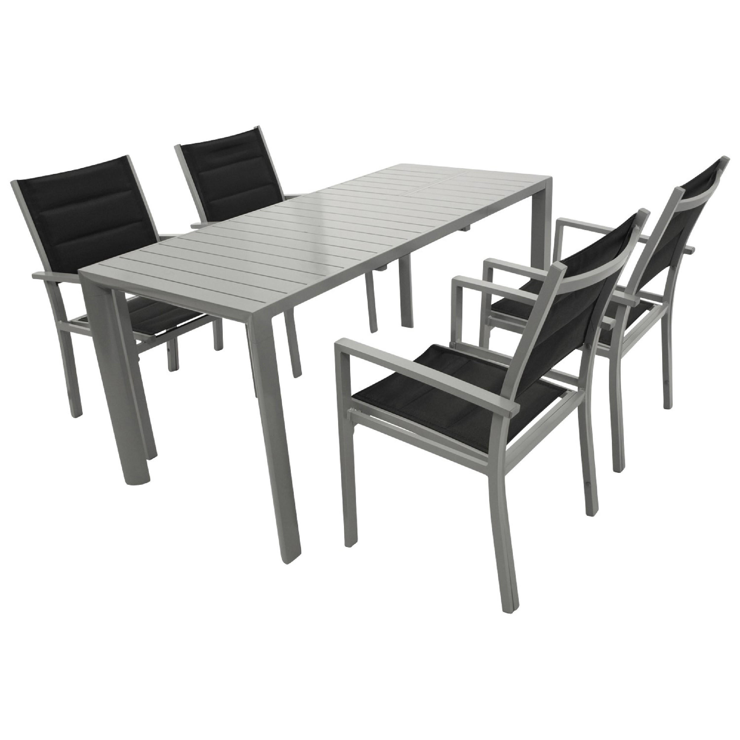 GARTEN-GARNITUR Ashford - 5-teilige Garten-Essgruppe (4x Sessel Aluminium silbergrau + Textilgewebe gepolstert schwarz Ausziehtisch - Grau, Metall - TPFGarden