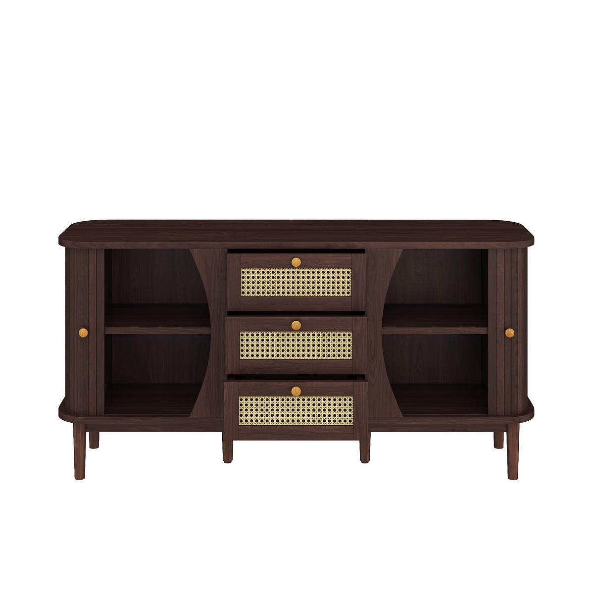 SIDEBOARD Walnuss Optik mit Rattan Schubladen und Schiebetüren - Walnussfarben, Naturmaterialien/Holzwerkstoff (140.5/73/40cm) - Urban Meuble