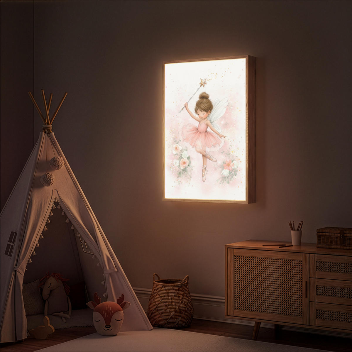NÁSTĚNNÁ LAMPA S AKUMULÁTOREM Baletka - Víla - Květiny - Růžová 60x90 cm - růžová, kompozitní dřevo (60/90/8cm) - OnlyWow