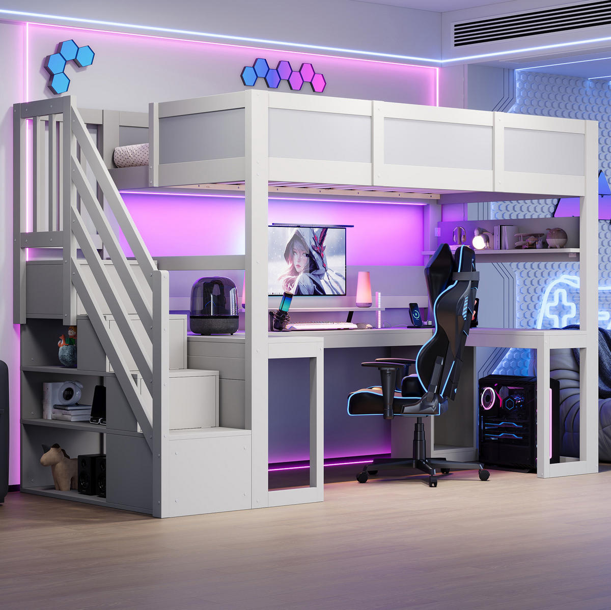 HOCHBETT aus MDF und Sperrholz 90x200 cm Weiß mit Schreibtisch, Stauraumtreppe, LED und USB - Weiß, Holzwerkstoff (90/200cm) - Modfu