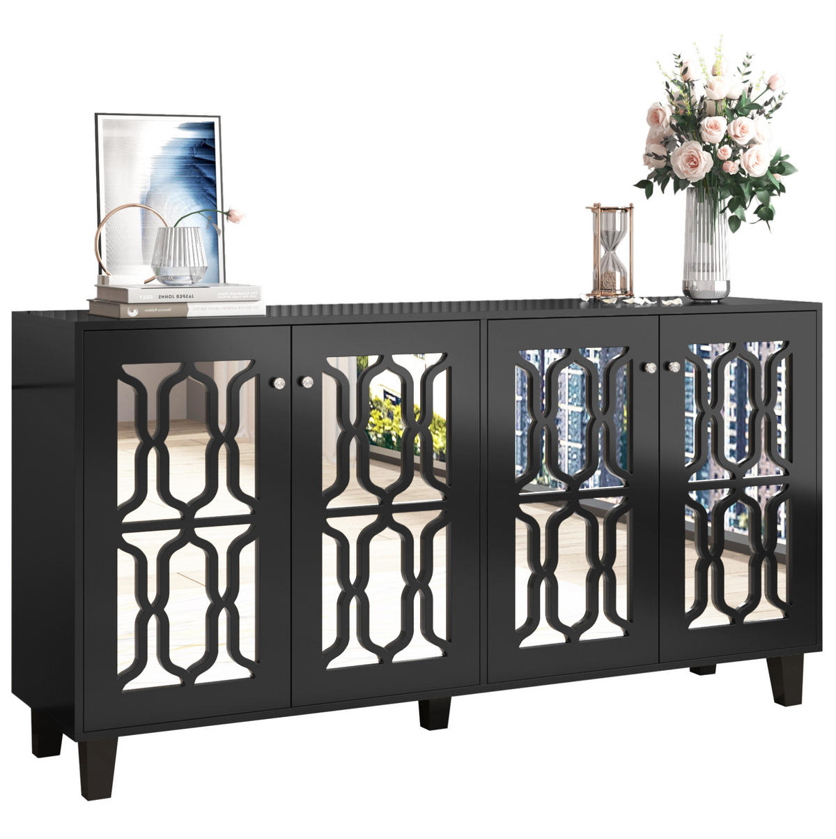 SIDEBOARD in Schwarz mit Spiegeloberfläche, 4 Türen und Kristallgriffe, 160/40/84 cm, Schwarz - Schwarz, Holzwerkstoff (160/84/40cm) - Redom