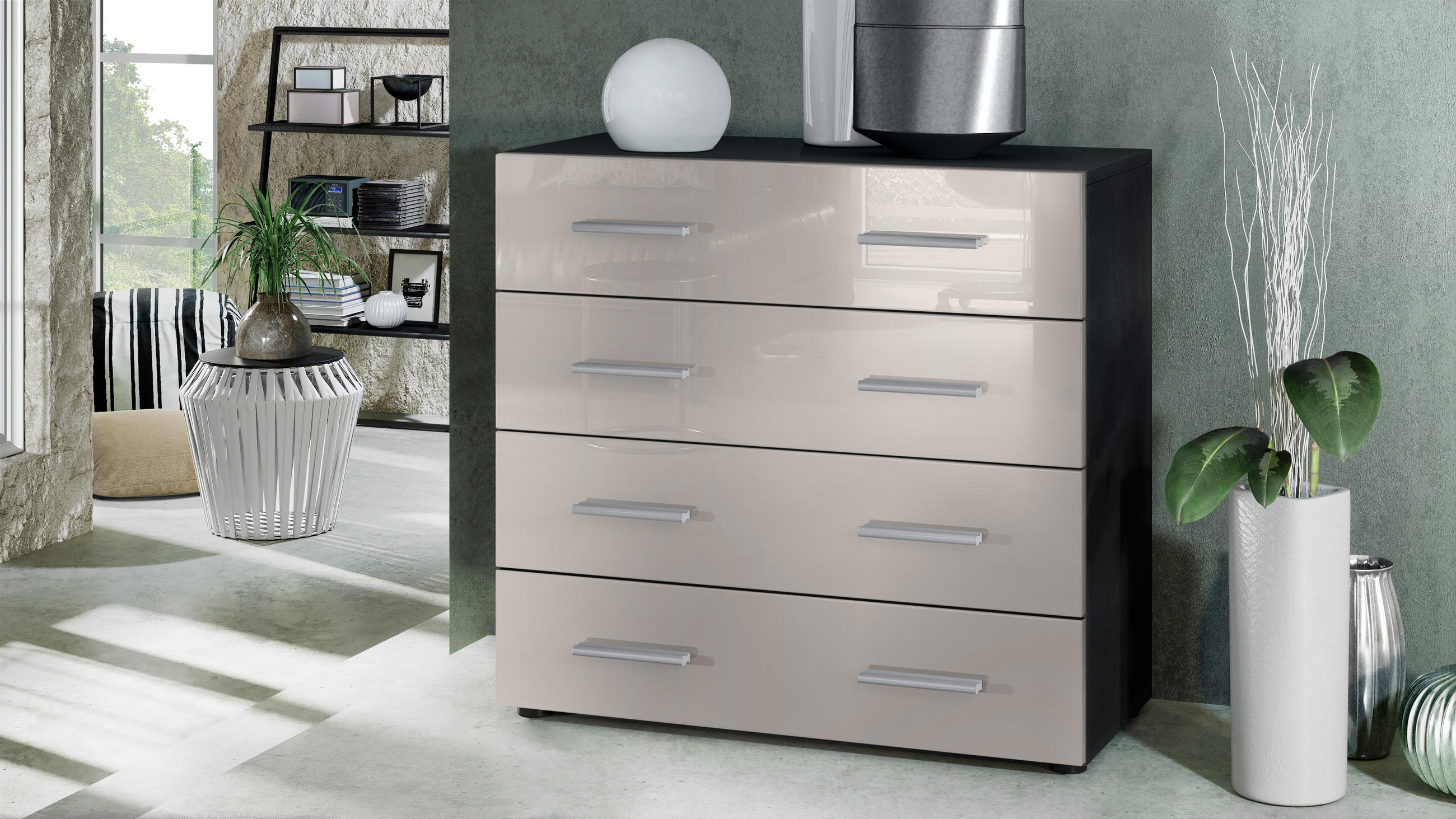 KOMMODE Pavos Sandgrau Hochglanz - Sandfarben, Holzwerkstoff (76/72/35cm) - Vladon