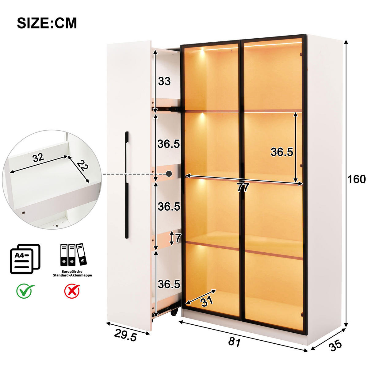 HIGHBOARD 110,5/35/160 cm in Weiß mit LED-Beleuchtung und Seitenauszug - Weiß, Holzwerkstoff (110.5/160/35cm) - Flora Grace