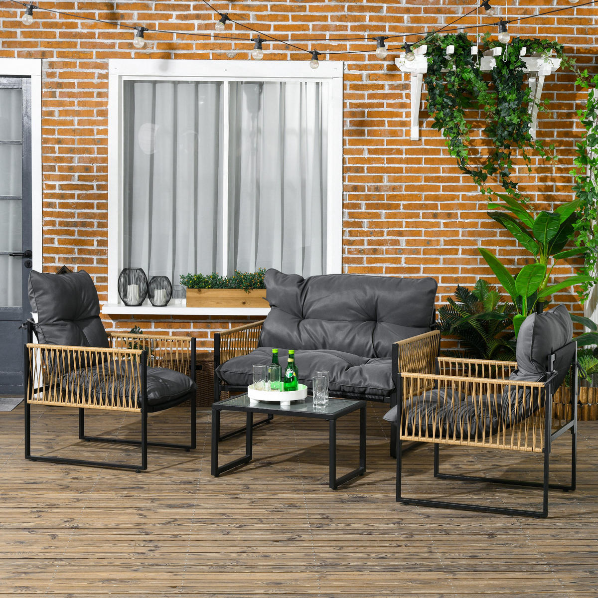 GARTENSET DE-13591 4-teilig mit Glastisch, 3 Kissen Grau - Grau, Metall - ComfortXL
