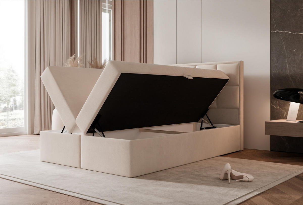 BOXBETT TIOLI 120x200 cm Cremeweiß (Stoff Magic Velvet) - mit Bettkasten, Bonellmatratze und Paneel-Kopfteil - Creme, Holzwerkstoff/Textil (120/200cm) - Ravio