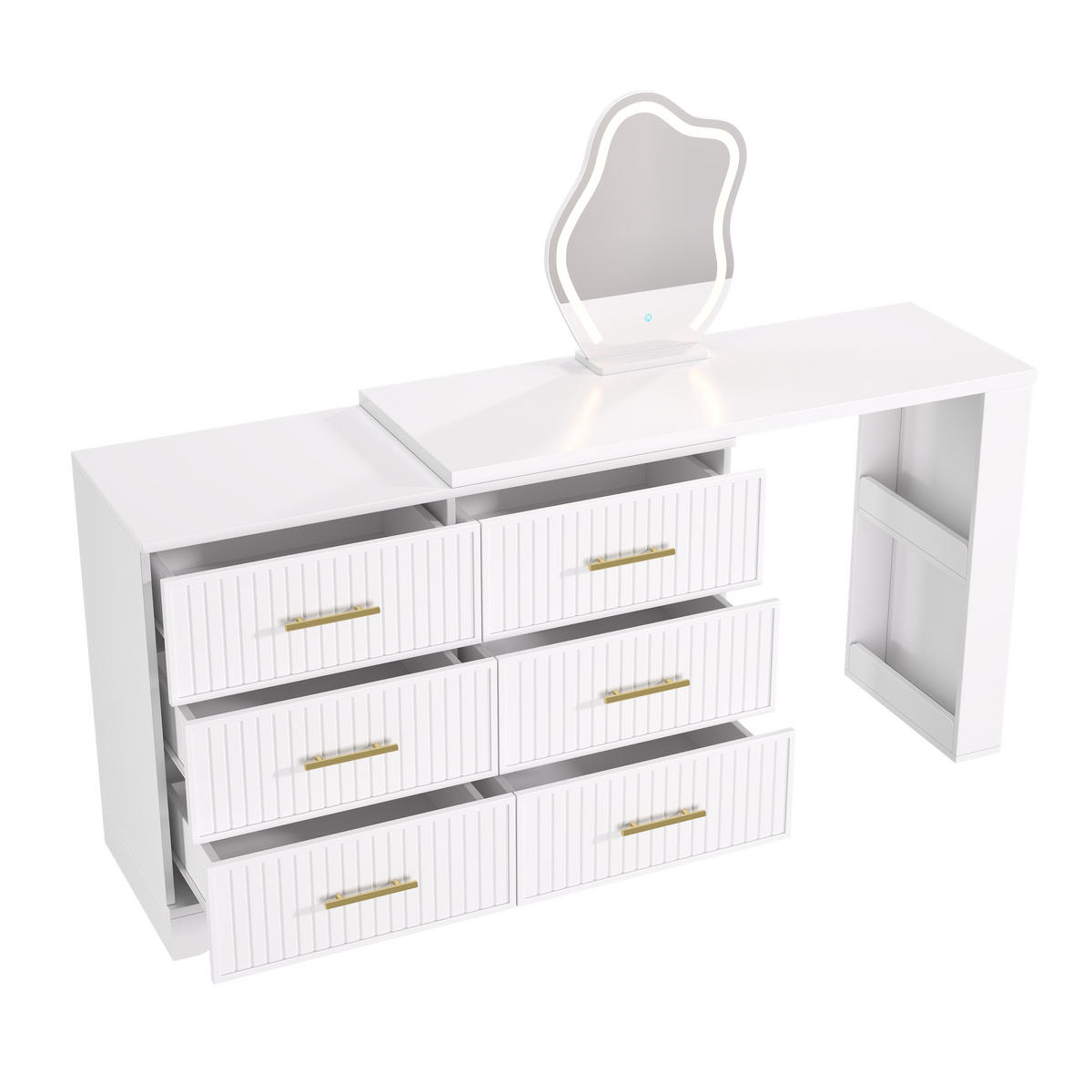 SCHMINKTISCH Drehbar L-Form Weiß Gold LED-Spiegel 6 Schubladen - Weiß, Holzwerkstoff (110/129/40cm) - Urban Meuble