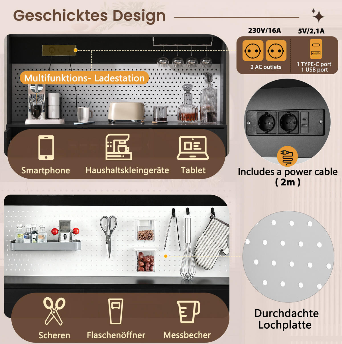 KÜCHENOBERSCHRANK 120/40/184 cm mit Steckdosen, USB, Typ-C, Lochplatte und Glashalter, Schwarz - Schwarz, Holzwerkstoff (120/184/40cm) - Redom