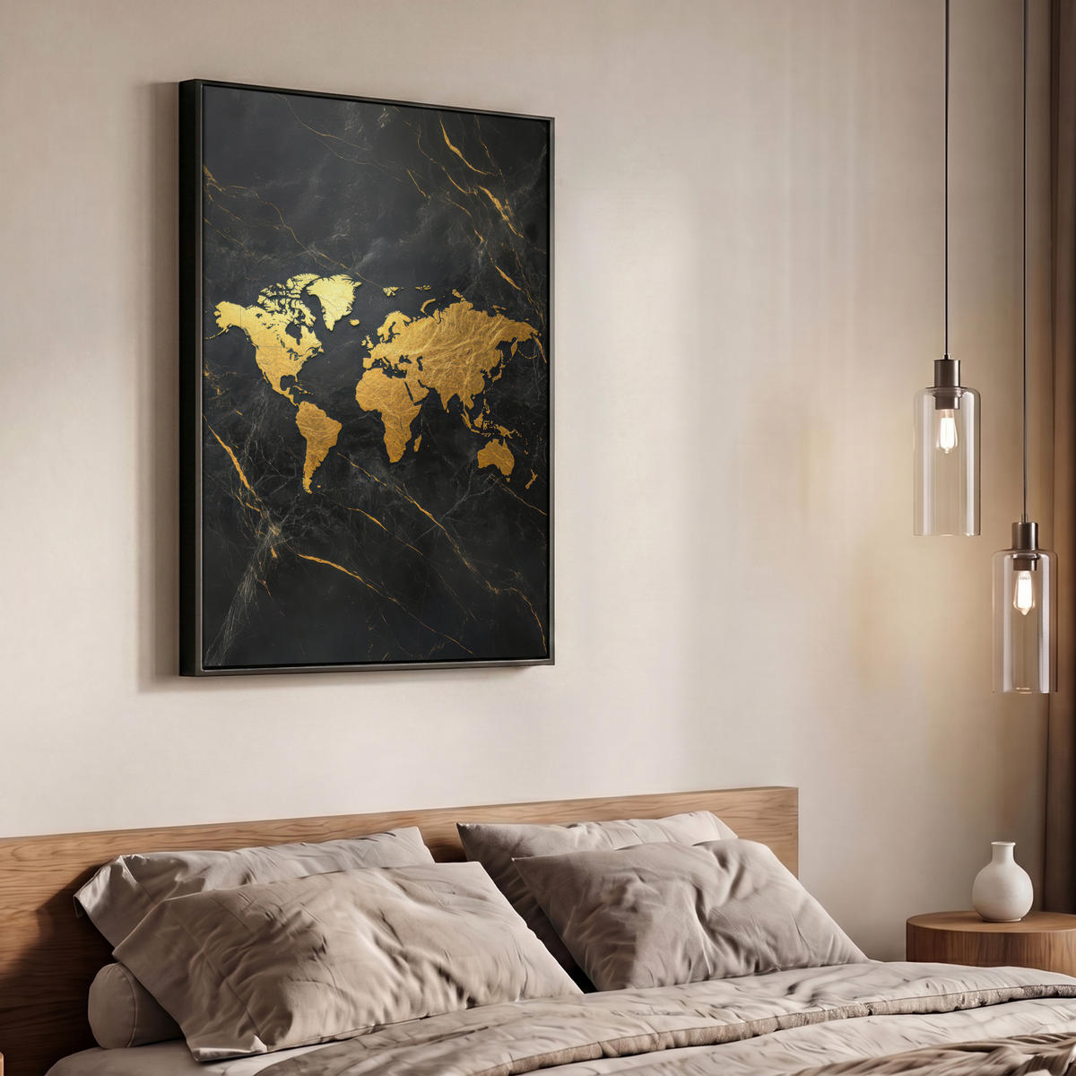 LEINWAND Bilder mit Rahmen - Weltkarte - Gold - Marmor - 70x100 - Goldfarben, Textil (70/100cm) - MuchoWow