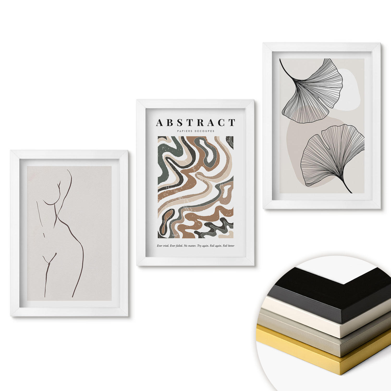 WANDBILDER 3er-Set - 20x30 cm Weißer Rahmen - Abstrakte Boho-Musterformen - Weiß, Kunststoff (20/30cm) - ArtPrintCave