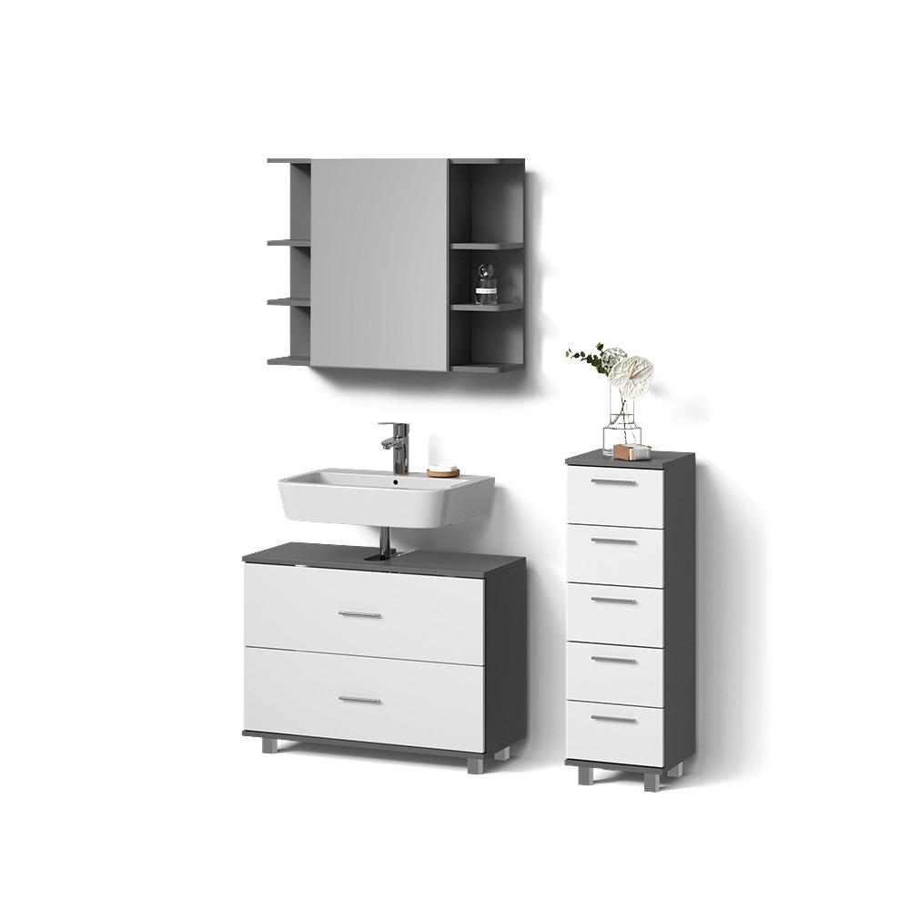 BADMÖBEL-SET Eisak Weiß/Anthrazit 3 Teile, mit Unterschrank 80 cm - Anthrazit/Weiß, Holzwerkstoff (80/60/33cm) - Livinity®