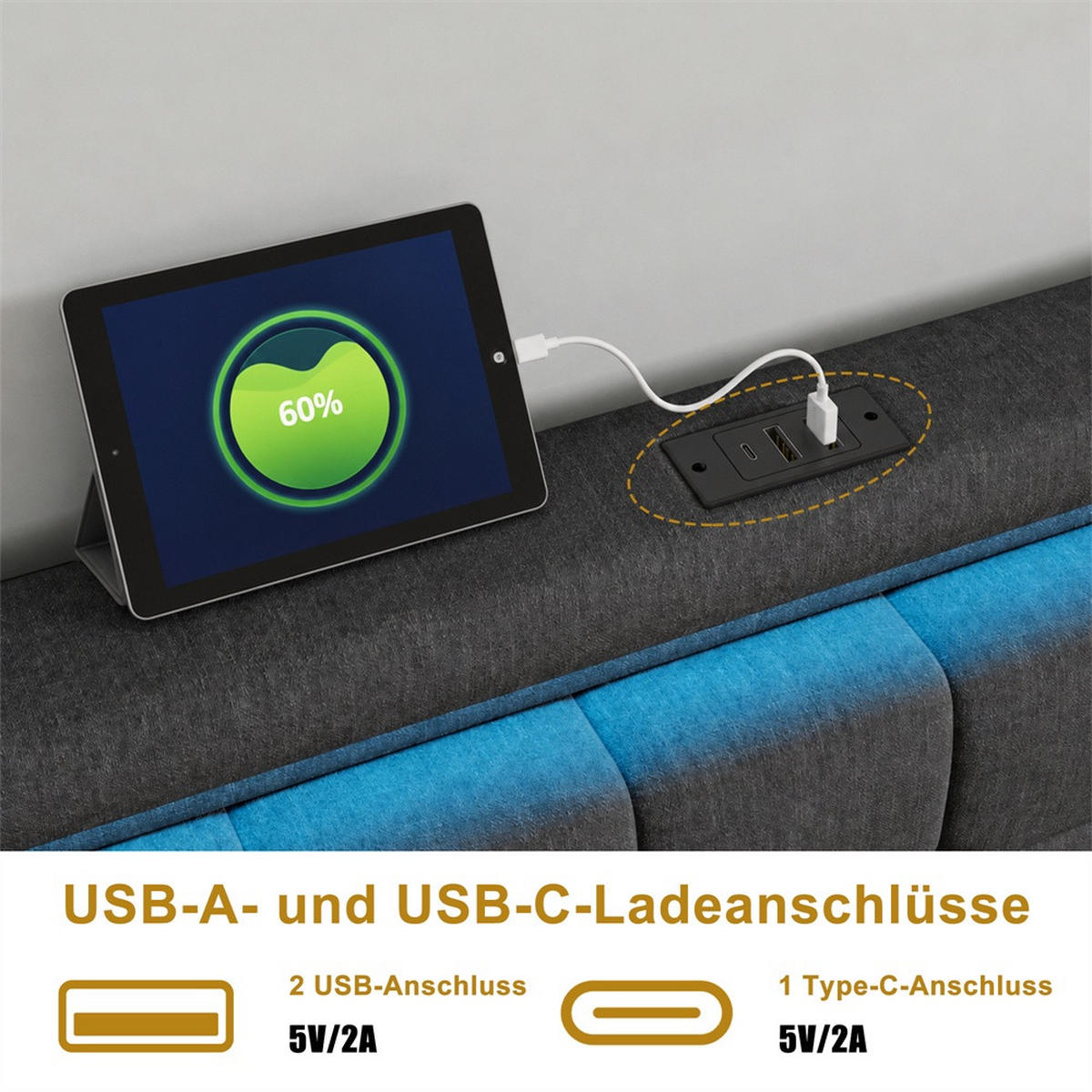 POLSTERBETT 180x200 cm Lumina Smart mit 3-Zonen RGB-LED, USB & USB-C, 4 Schubladen, Leinen-Optik, Dunkelgrau - Grau, Textil (180/200cm) - DELFA
