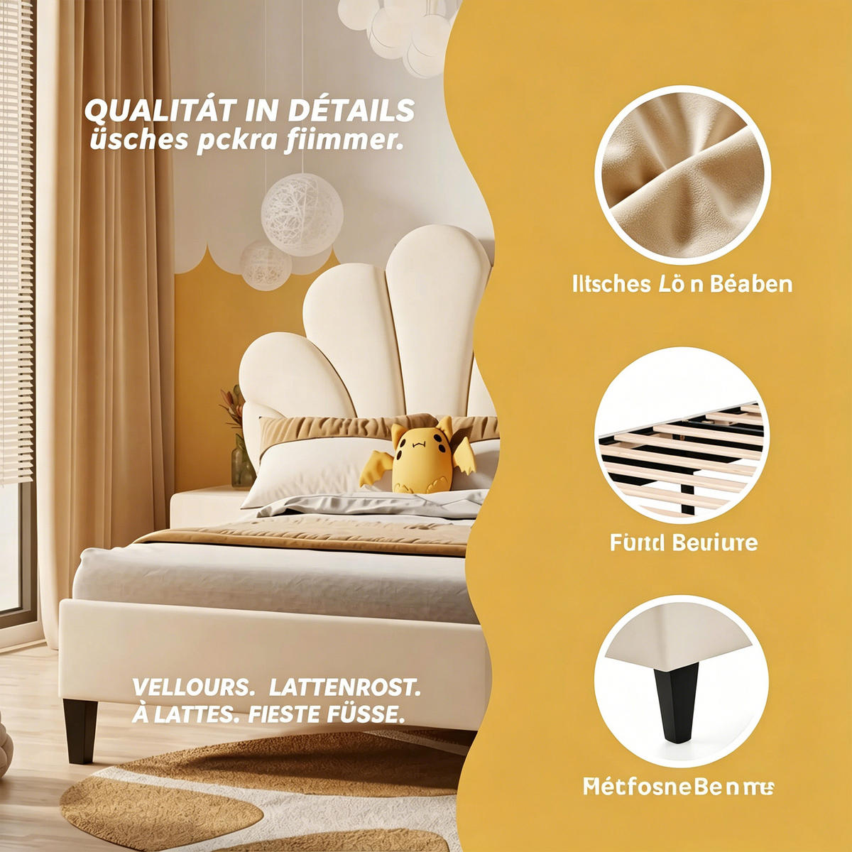 POLSTERBETT 90x200, einzelbett, Bettgestell 90 x 200 mit Muschelförmiges Kopfteil, Lattenrost, Samt, beige - Beige, Textil (90/200cm) - GENKI LIVING