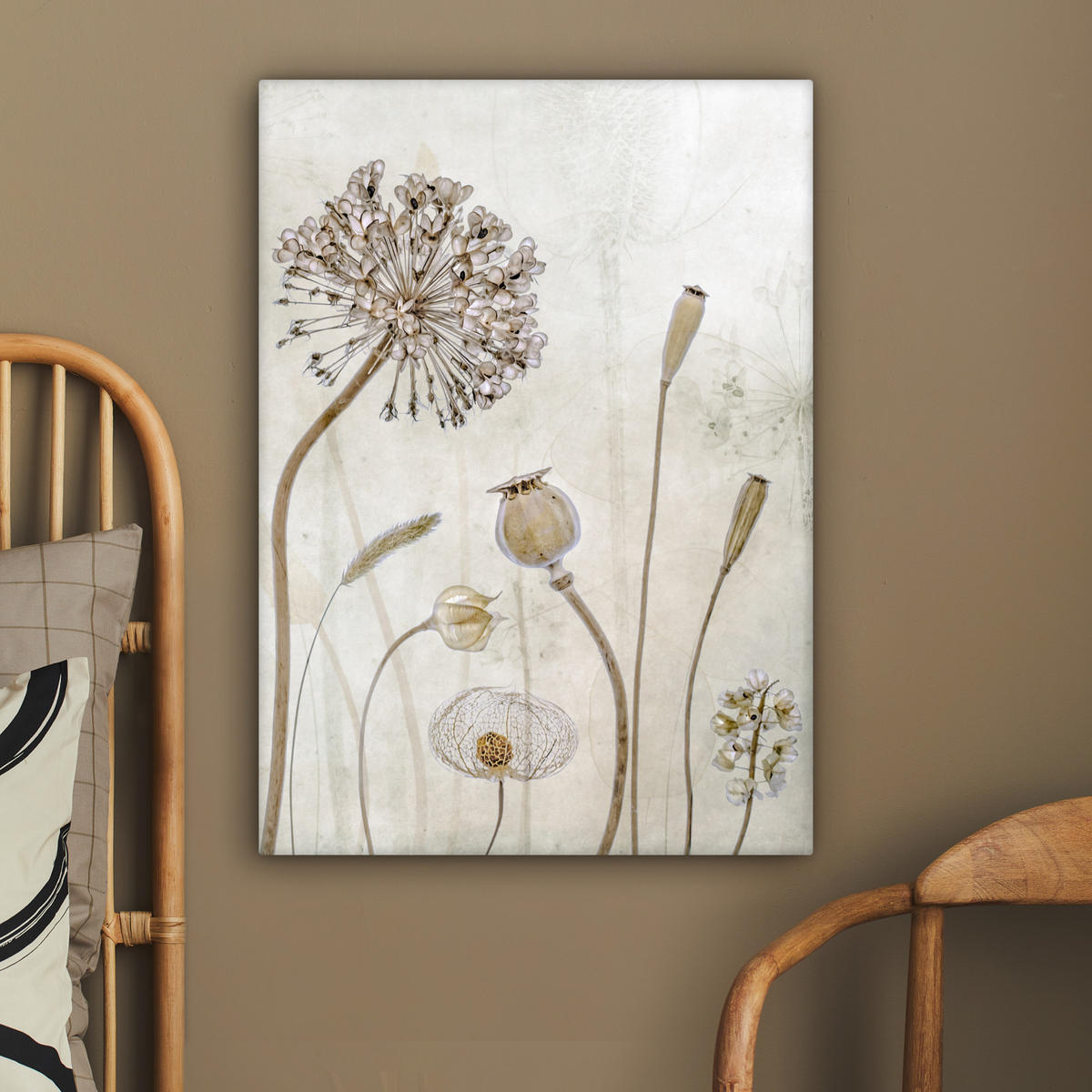 LEINWANDBILD Blumen - Aquarell - Stilleben - Braun - Vintage 60x80 cm - Beige, Textil (60/80cm) - MuchoWow