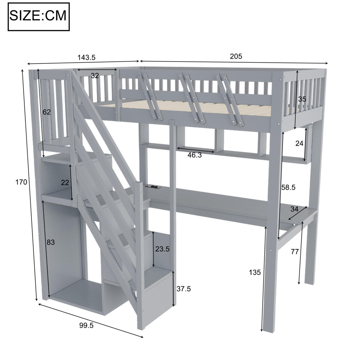 HOCHBETT Holz 90x200 cm Grau mit Schreibtisch, Stauraumtreppe, Regalen, LED und Steckdosen - Grau, Holz (90/200cm) - Modfu