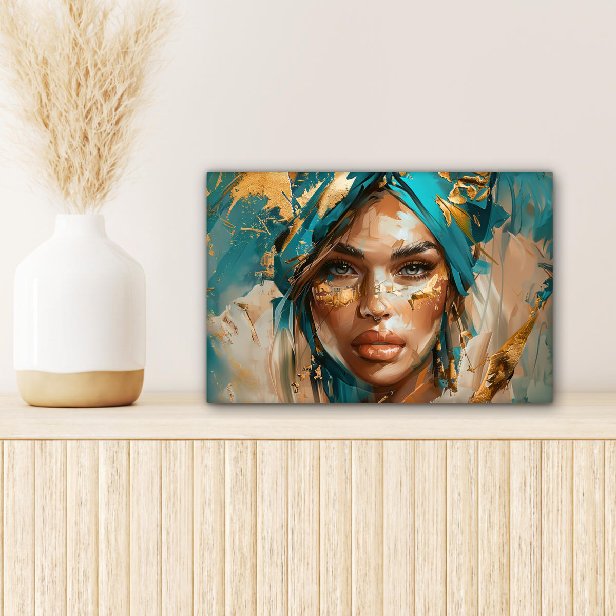LEINWANDBILD - Frau - Porträt - Gold - Luxus - Blau - 30x20 - Deko XXL - Türkis, Textil (30/20cm) - MuchoWow