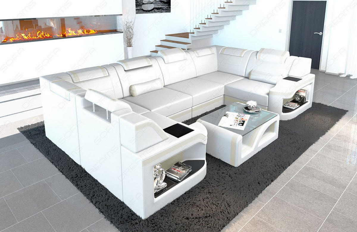 WOHNLANDSCHAFT Sofa Padua U Weiß Beige Kunstleder - Weiß, Textil (308/80/185cm)