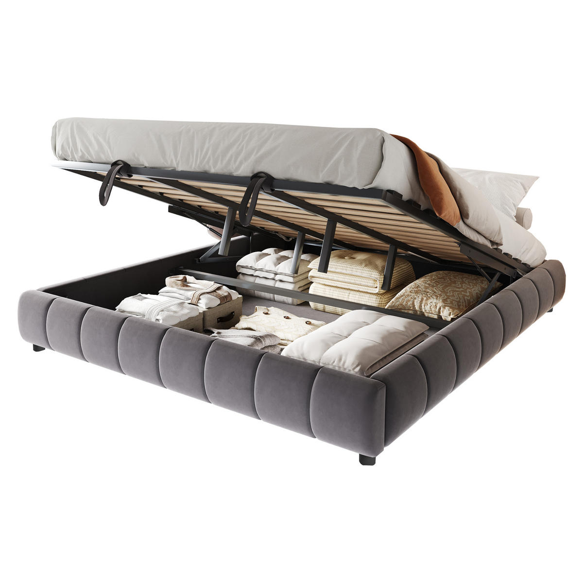 POLSTERBETT 180/200 cm grau mit LED-Beleuchtung und hydraulischem Stauraum - Grau, Textil (180/200cm) - OKWISH