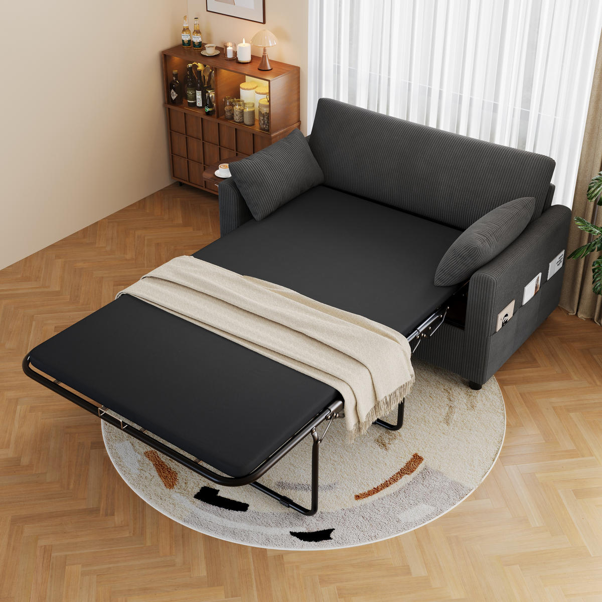 SCHLAFSOFA 134/82/84 cm Grau mit USB‑Ladeanschluss, klappbarem Seitentisch, Matratze, 2 Bettlaken und 2 Kissen - Grau, Textil (134/84/82cm) - Oxeza
