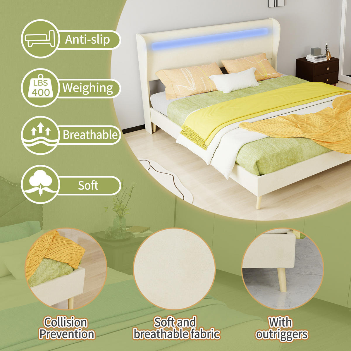 POLSTERBETT 160/200 cm mit verstellbarer Rückenlehne und LED-Beleuchtung, Beige - Beige, Textil (160/200cm) - Redom
