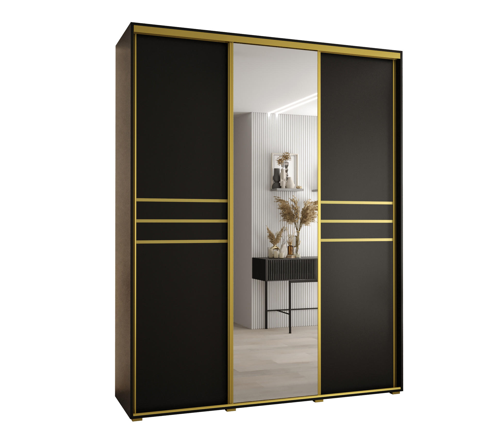 Abiks Möbel SCHWEBETÜRENSCHRANK Schwarz, Schwarz, Gold 190cm × 60cm × 235cm