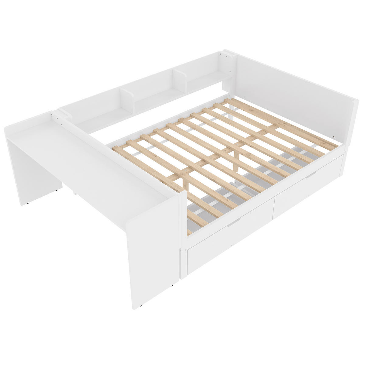 BETT 140/200 cm mit Schreibtisch, 2 Schubladen und 3 Regalen aus Kiefern und Spanplatte, Weiß/Rosa - Weiß, Holzwerkstoff (140/200cm) - Redom