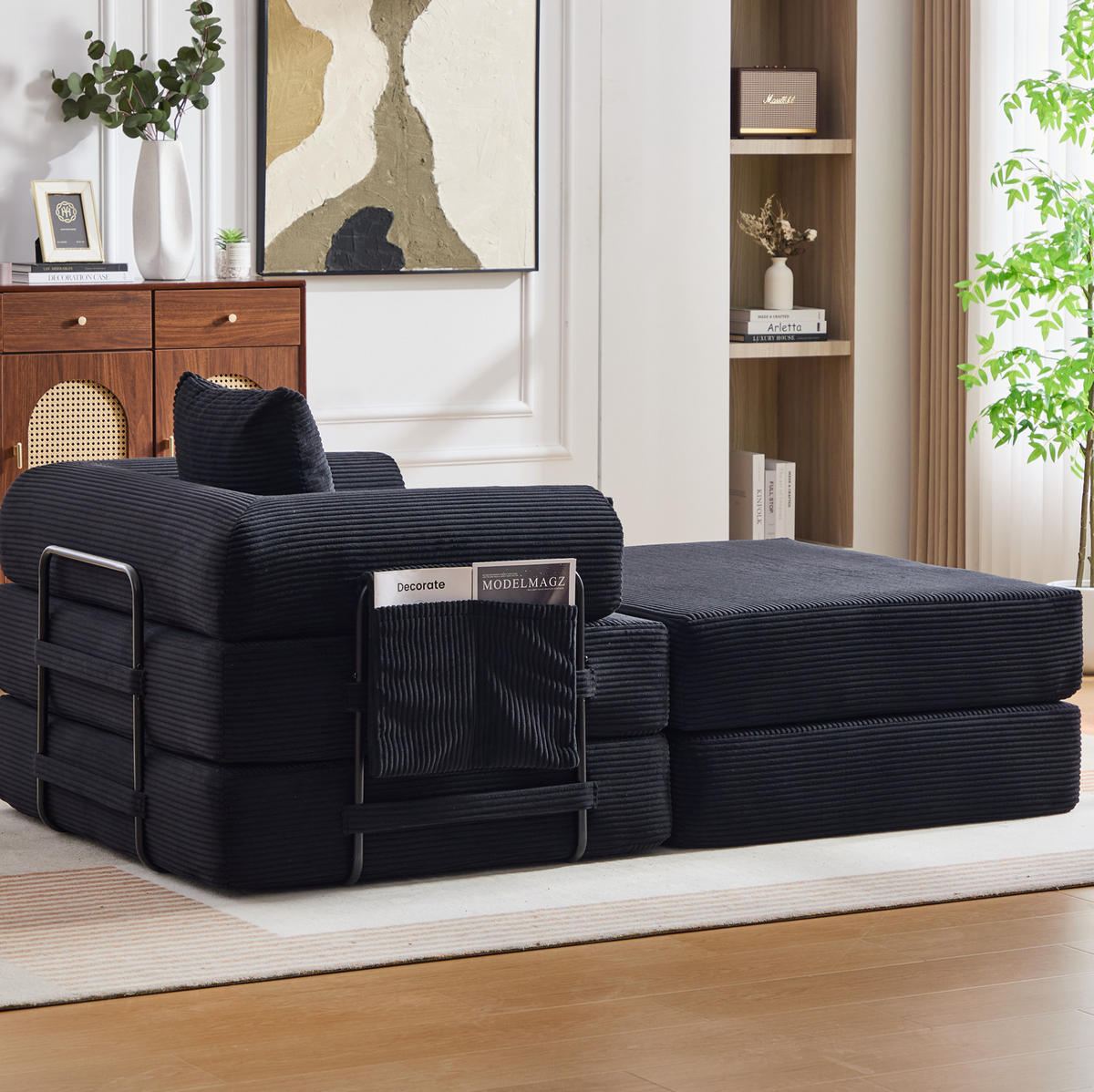 SOFA modular mit Hocker 112x190 cm Cord Black - Schwarz, Kunststoff (190/67/112cm) - Meubliv