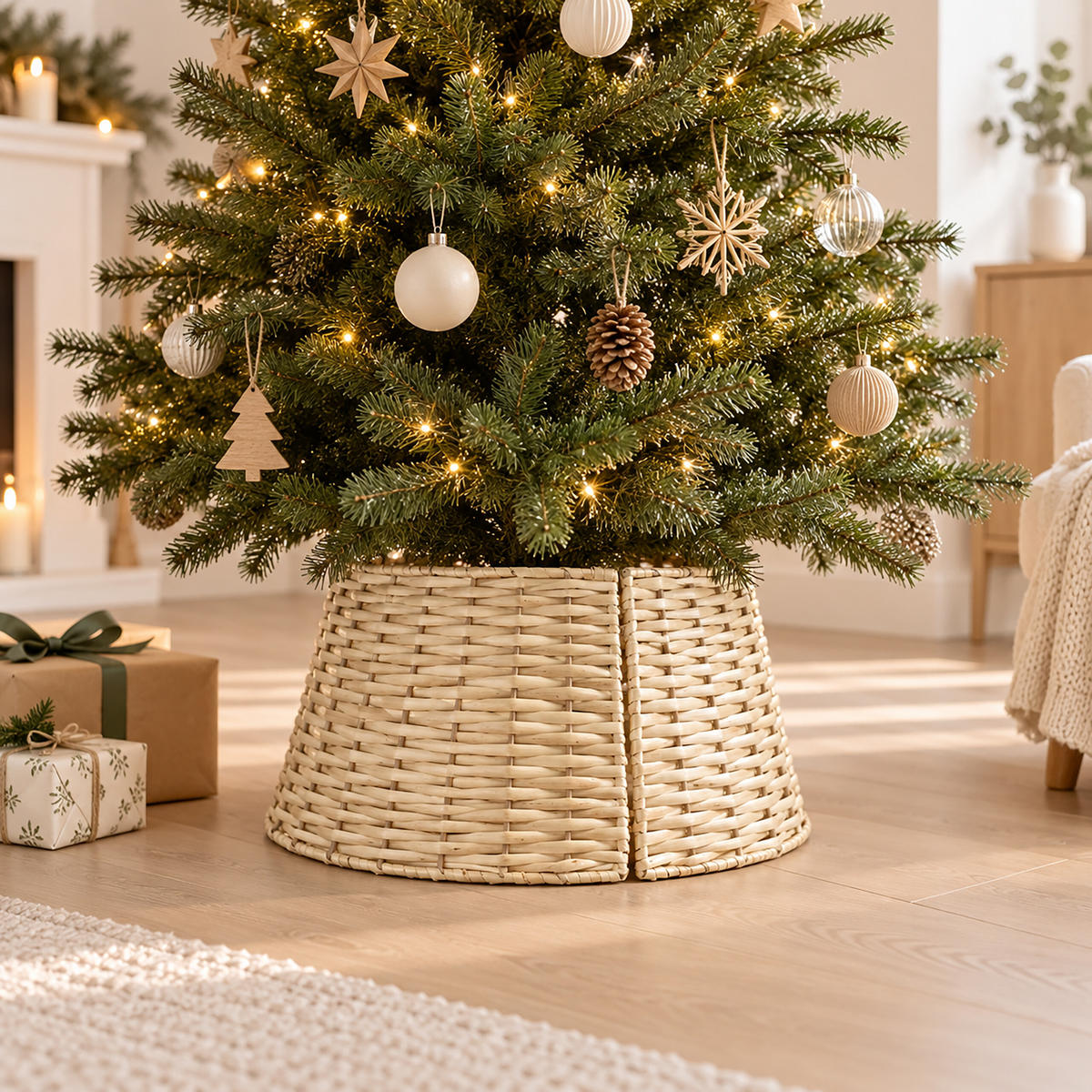 WEIHNACHTSBAUMROCK Natur 3-tlg. Weidengeflecht 60 cm - Hellbraun, Holz (26cm) - Relaxdays