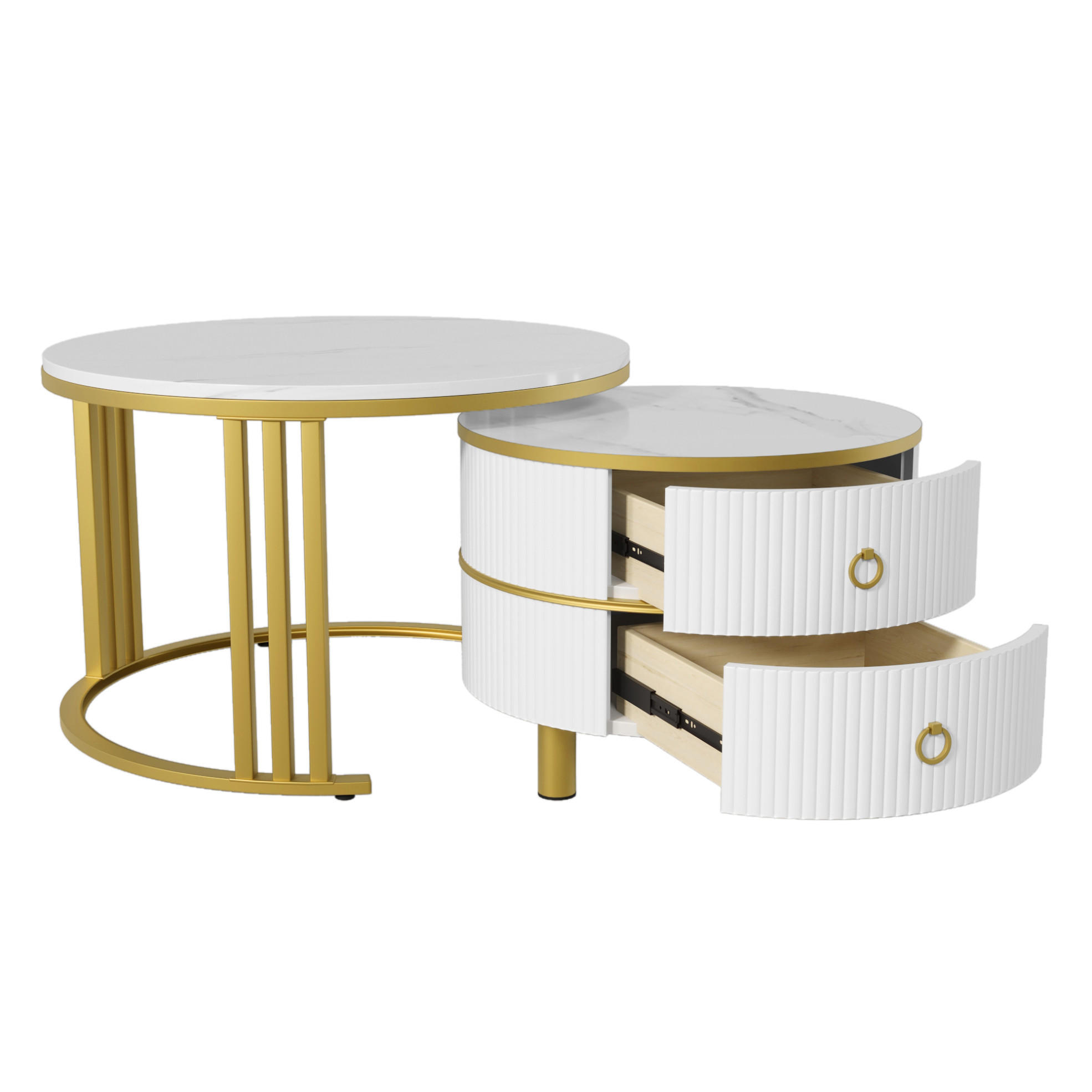 COUCHTISCH-SET 70/70/46 + 50/50/40 cm in Weiß mit Marmordekor und 2 Schubladen - Goldfarben/Weiß, Holzwerkstoff (70/70/46cm) - Flora Grace