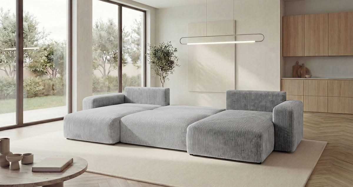 WOHNLANDSCHAFT BERLIN U-Form grau Cord Poso 55 - Schlaffunktion, Bettkasten - Grau, Textil (385/86/185cm) - Cornero