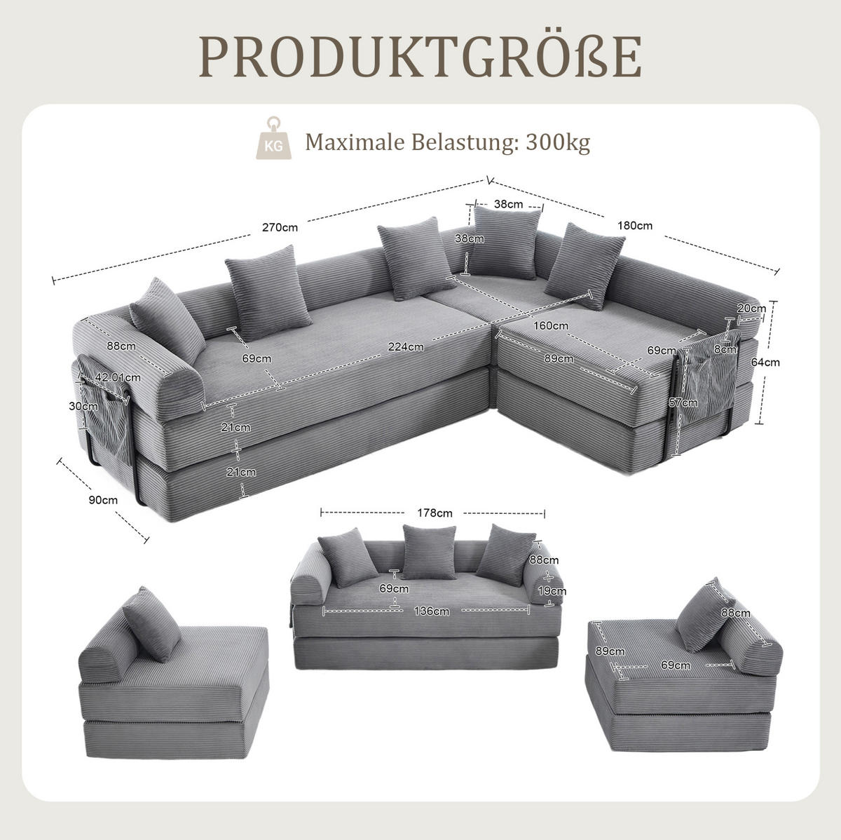 ECKSOFA 270/180/64 cm dunkelgrau aus Corduroy modular - Dunkelgrau, Textil (180/270cm) - OKWISH