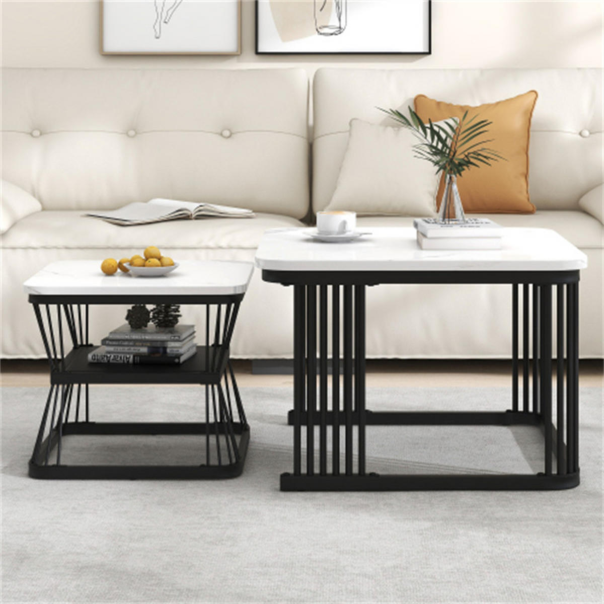 BEISTELLTISCH-SET 2-teilig Marmoroptik, schwarz/weiß, 65x65x45 cm - Weiß, Holzwerkstoff (65/65/45cm) - Blomus