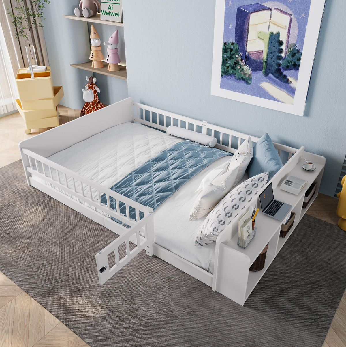 KINDERBETT aus Kiefernholz 140x190 cm Weiß mit offenem Stauraum, Regalen und öffnbarer Zauntür - Weiß, Holzwerkstoff (140/190cm) - Modfu