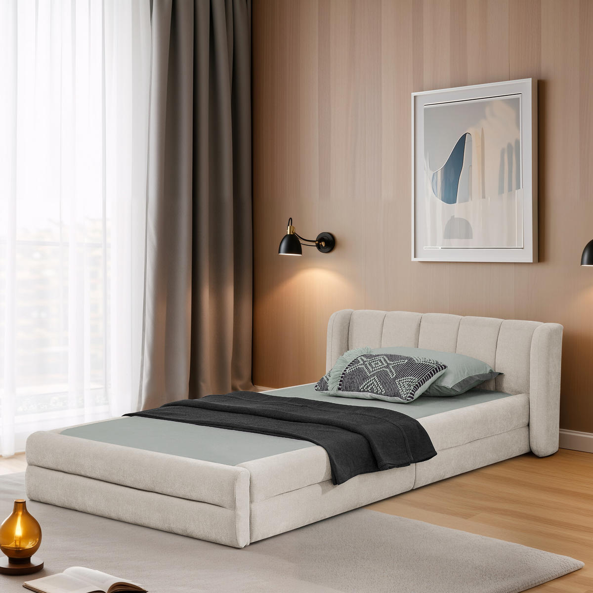 EINZELBETT 90x200 cm Chenille Rückenlehne beige - Beige, Kunststoff (90/200cm) - LEBENLANG