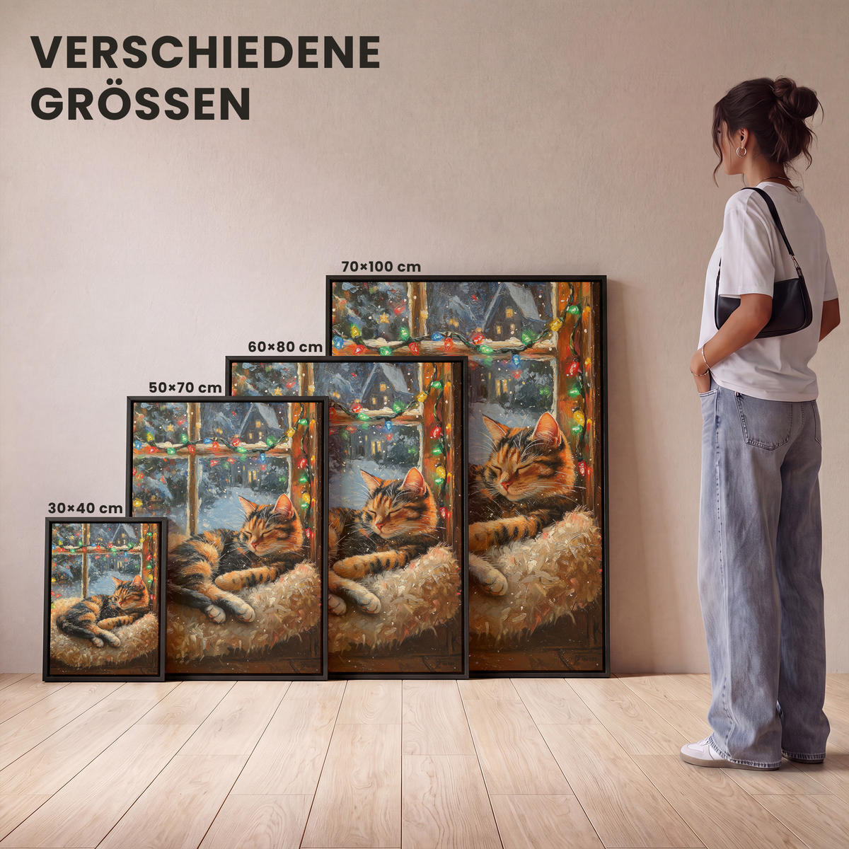 LEINWAND Bilder mit Rahmen - Katze - Weihnachten - Winter - Tier - 30x40 - Bernsteinfarben, Textil (30/40cm) - MuchoWow