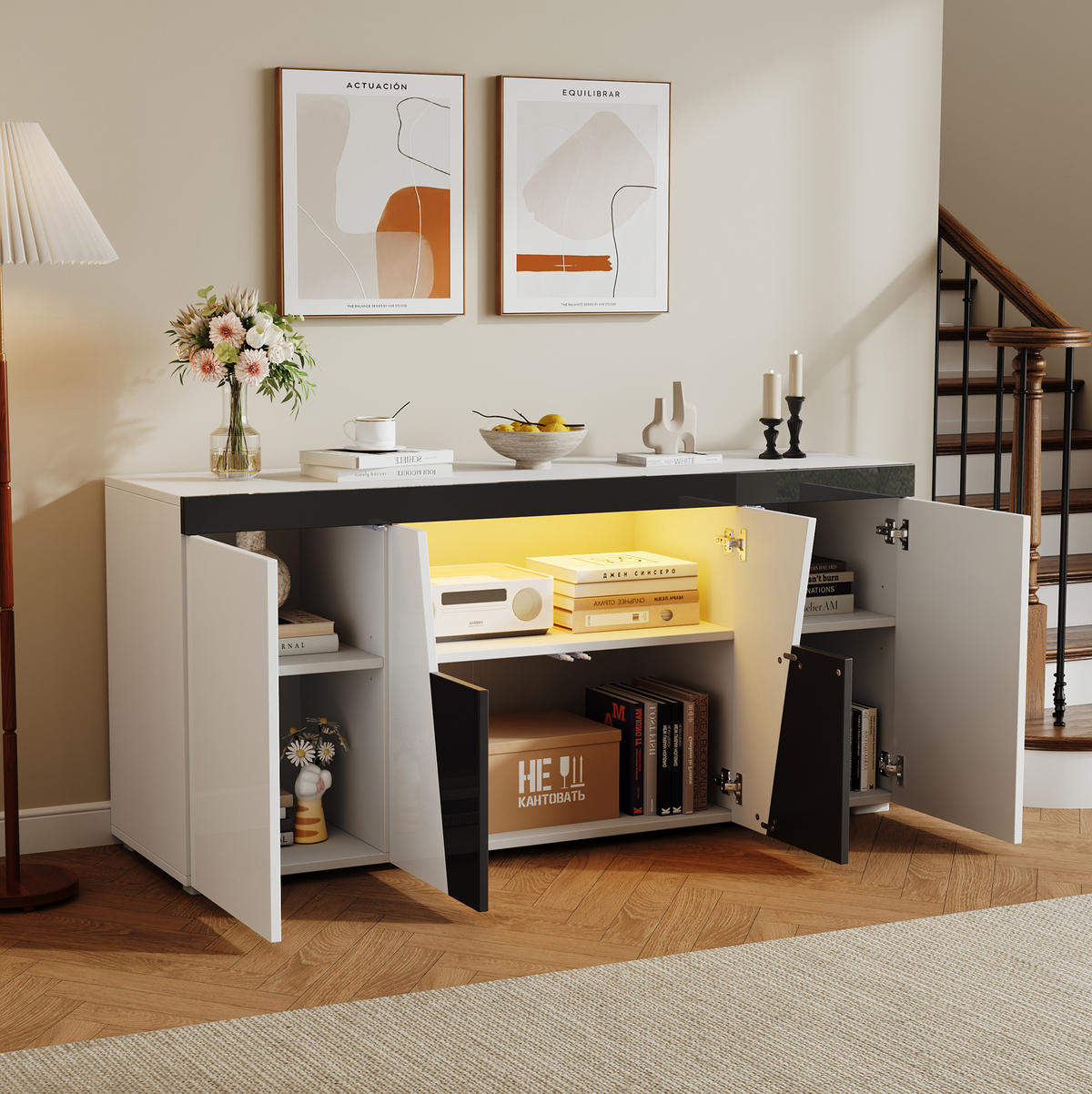 SIDEBOARD 140/40/65 cm weiß aus Spanplatte mit LED und Hochglanzfront - Weiß, Holzwerkstoff (140/65/40cm) - OKWISH