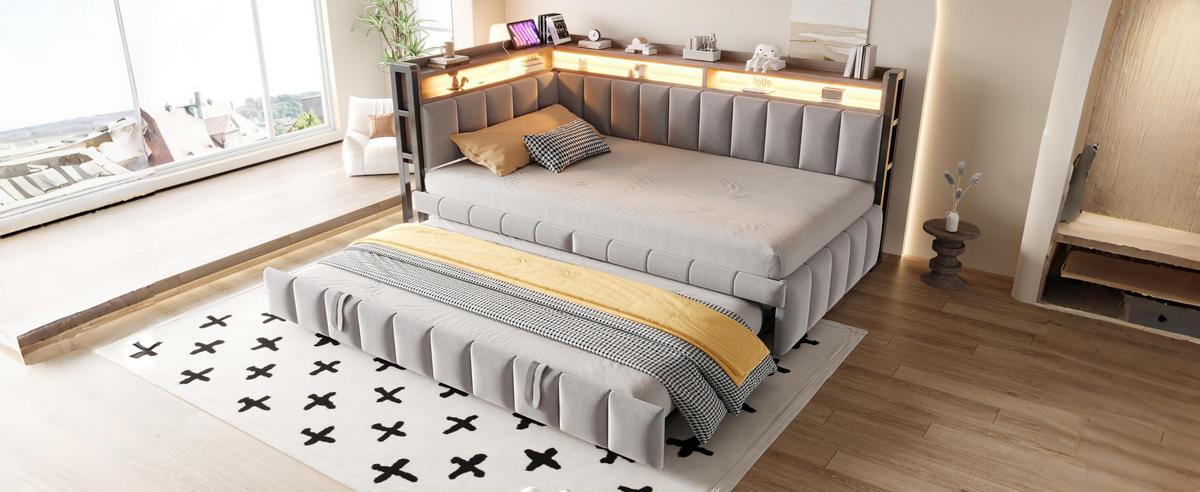 POLSTERBETT 90x200 cm LED USB hellgrau - Grau, Textil (90/200cm) - Fortuna Lai