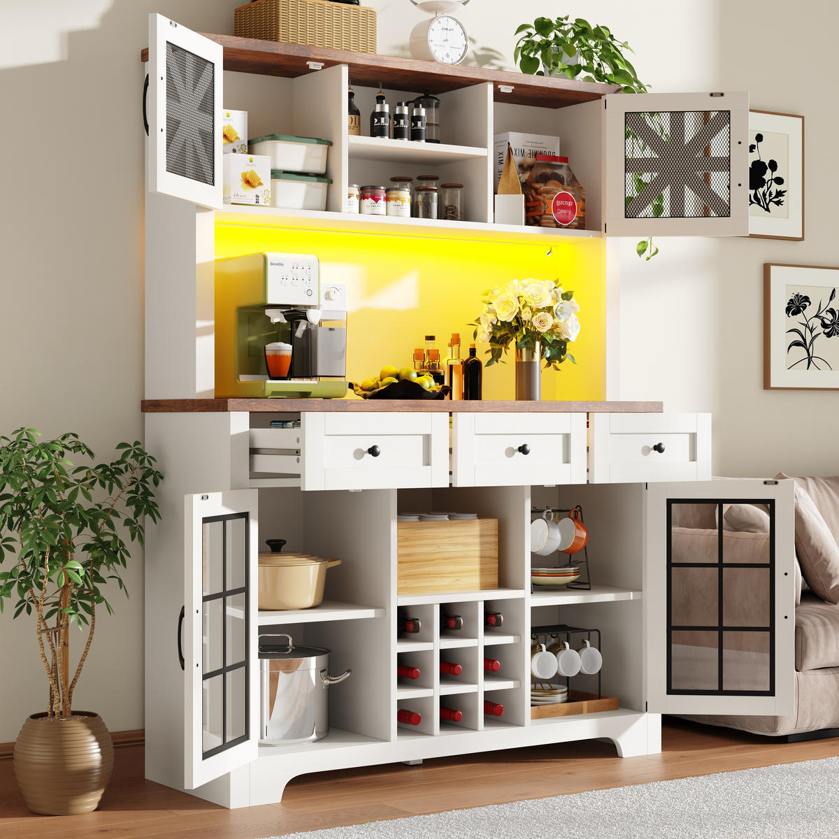 GESCHIRRSCHRANK aus MDF & Glas 120x40x180cm in Weiß mit Smart-LED - Weiß, Holzwerkstoff (120/180/40cm) - Modfu