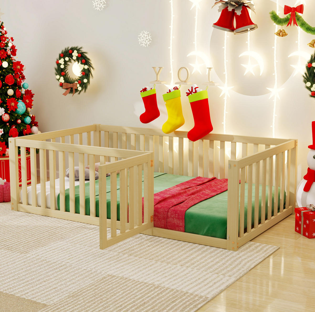 KINDERBETT aus 90x200 cm Natur mit Zaun und Tür, bodennahes Design - Naturfarben, Holzwerkstoff (90/200cm) - Modfu
