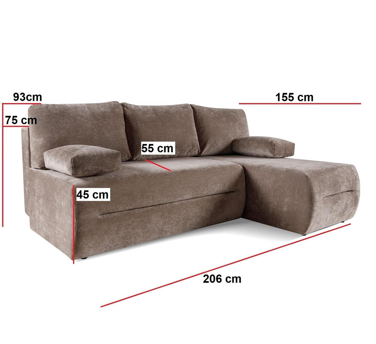 ECKSOFA LOFER Rechtsausleger Ohne Armlehnen Schlaffunktion Graphit 206x155 cm - Graphitfarben, Textil (206/155cm) - Bettso