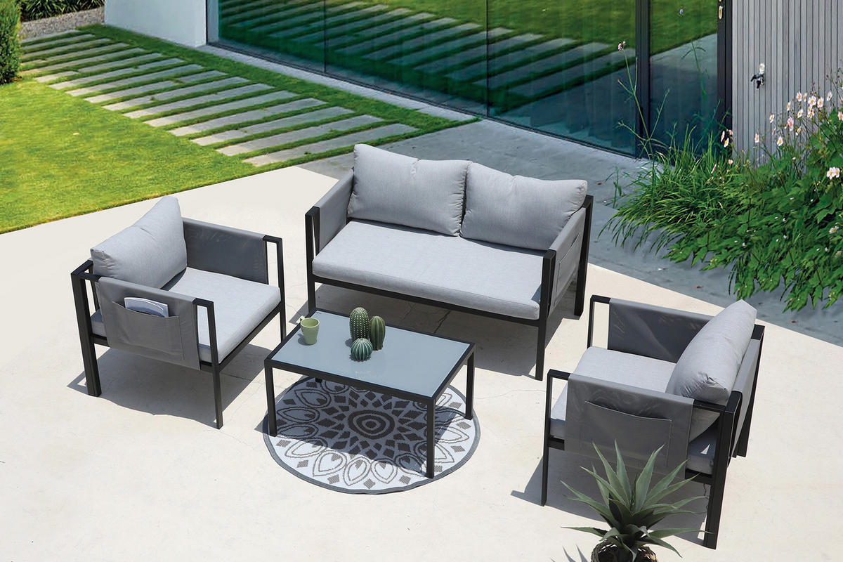 SITZGRUPPE Yolo 2-Sitzer + 2 Sessel, 1 Couchtisch, Sitz- + Rückenkissen - Schwarz, Metall - TPFGarden