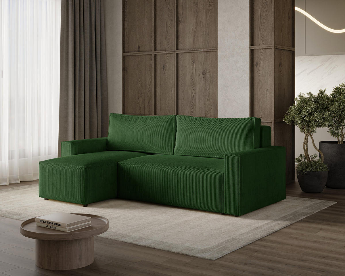 ECKSOFA LIVIO S mit Schlaffunktion, universell montierbar - POSO 14 - Dunkelgrün, Holz (230/142cm) - Dekori_Interiors