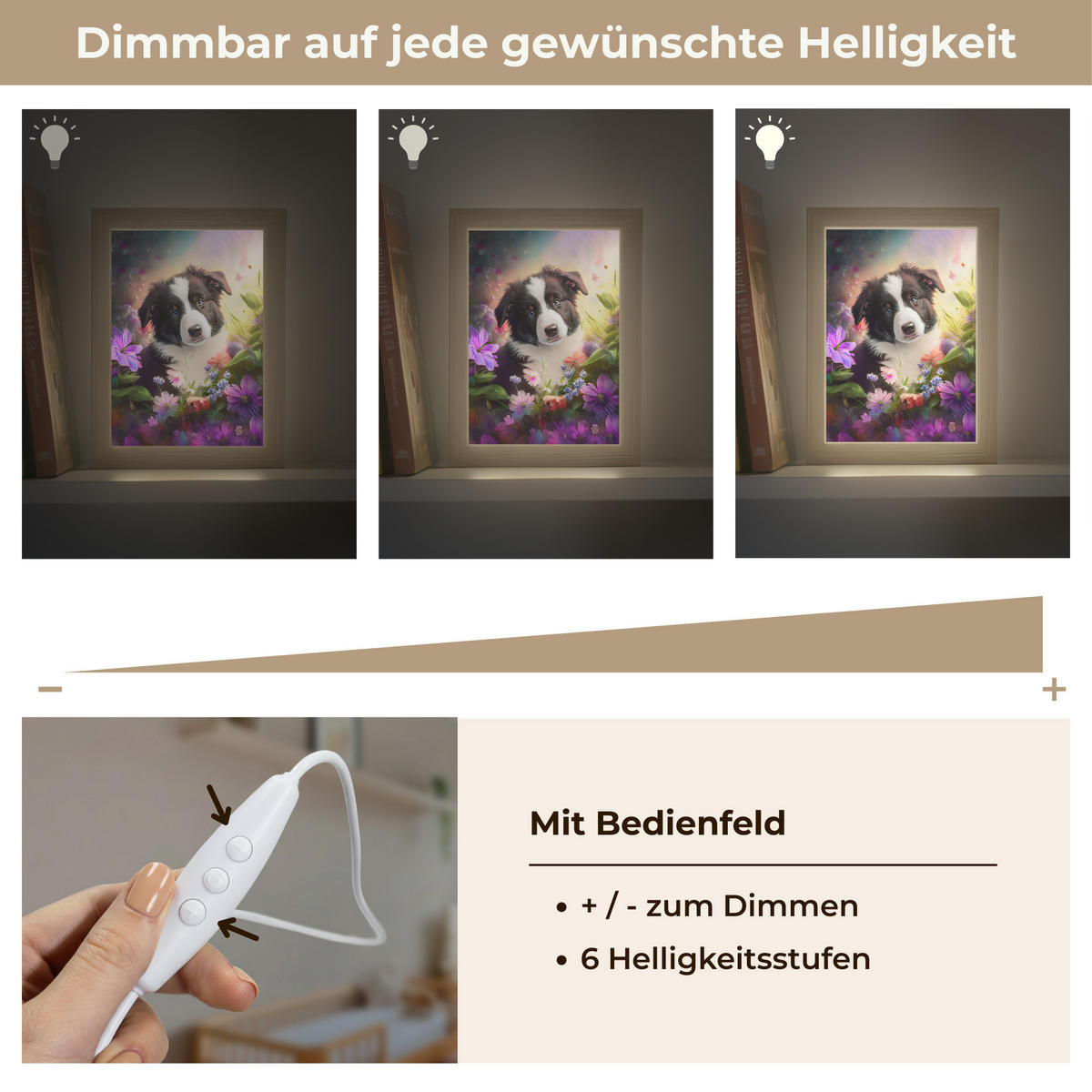 NACHTTISCHLAMPE Welpe - Sonne - Blumen - Natur - Border Collie - Hund 15x20 cm - Violett, Holzwerkstoff (8/15/20cm)