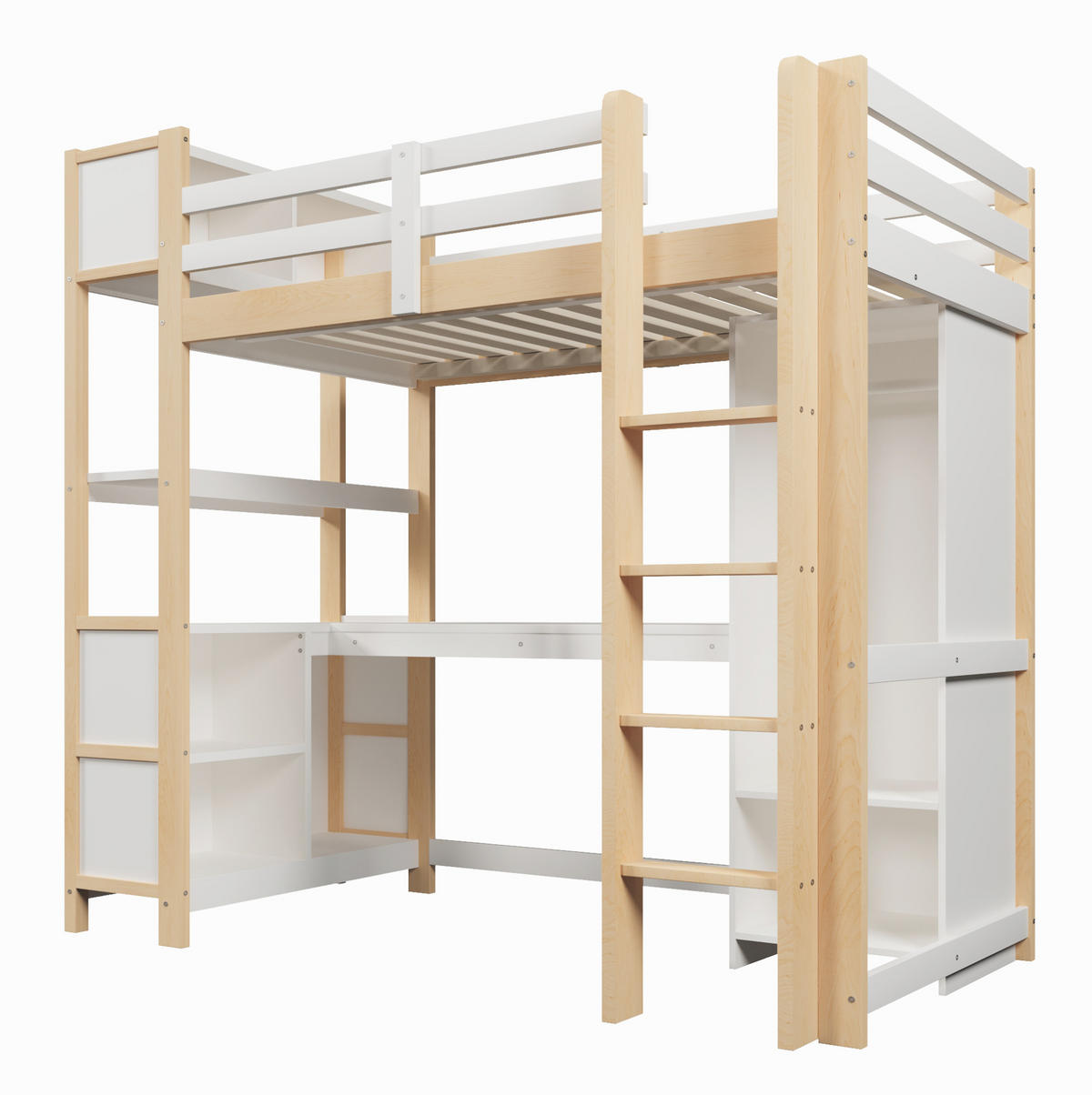 VISOKA postelja 90/200 cm bela/naravna z mizo, policami in omaro iz bora in MDF - naravne barve, leseni material (90/200cm) - OKWISH