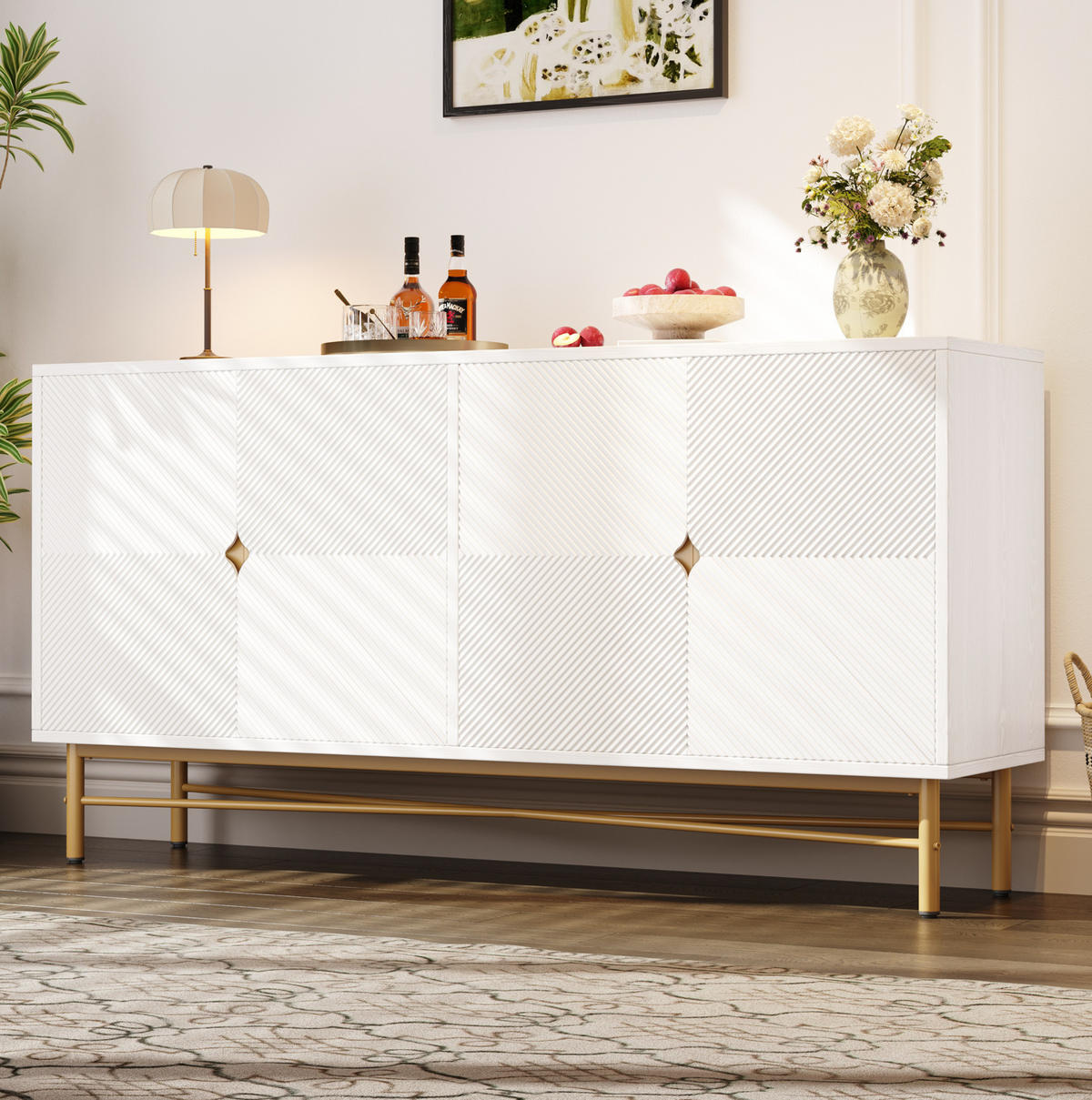 SIDEBOARD aus MDF und Spanplatte 160x40x82 cm Weiß mit 4 Türen, Soft-Close und strukturierter Front - Weiß, Holzwerkstoff (160/82/40cm) - Modfu