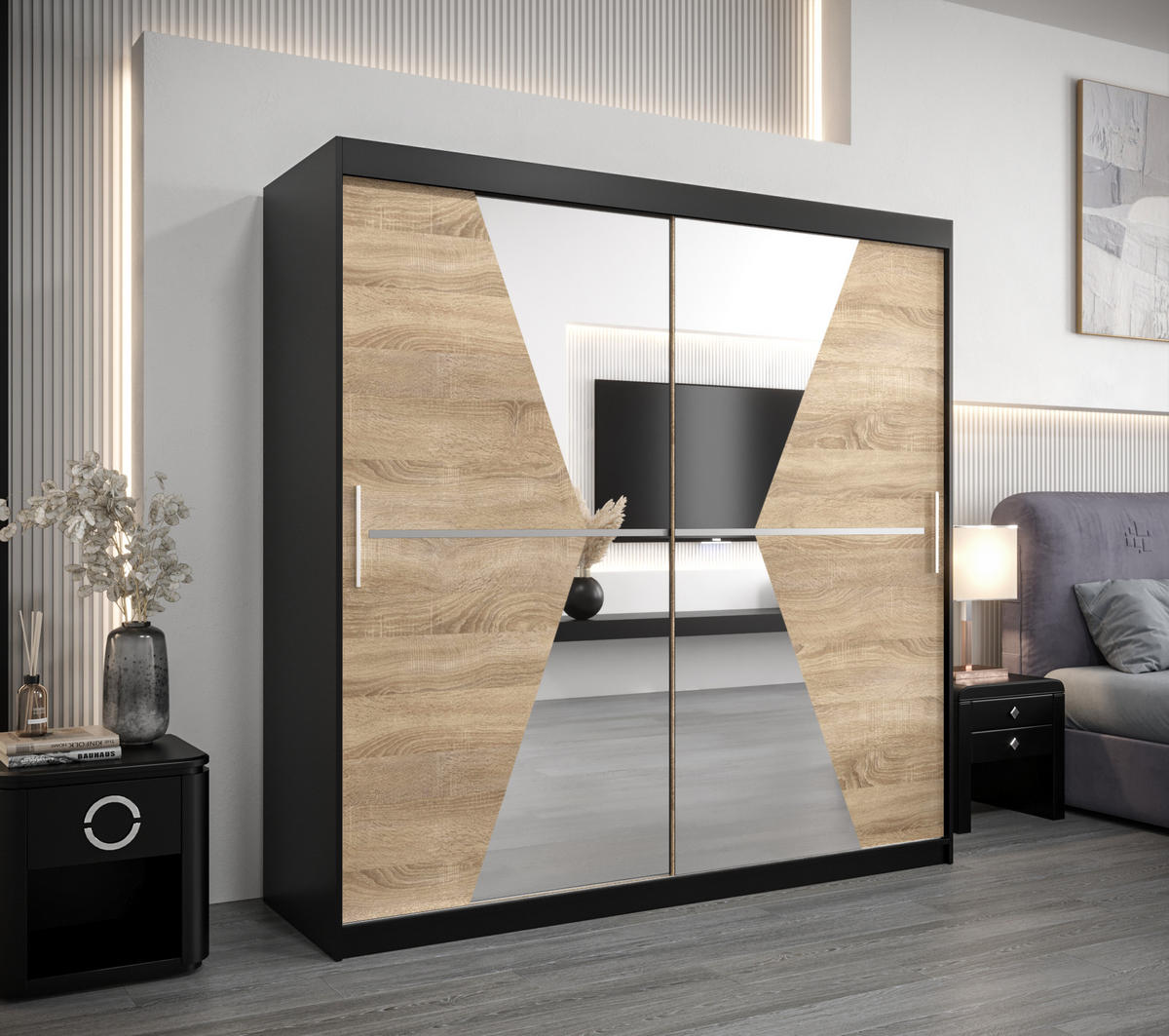 SCHWEBETÜRENSCHRANK 200/200/62 2-türig - Silberfarben/Schwarz, Holz/Kunststoff (200/200/62cm) - Abiks Möbel