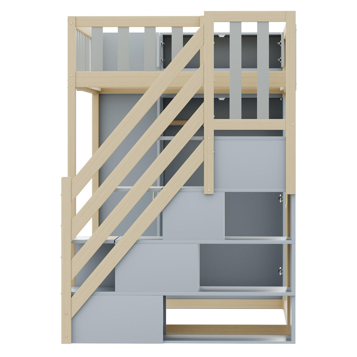 HOCHBETT 90/200 cm DE-01656, in Grau & Holz, mit Kleiderschrank, Regalen und Stauraumleiter - Grau, Holz (90/200cm) - ComfortXL