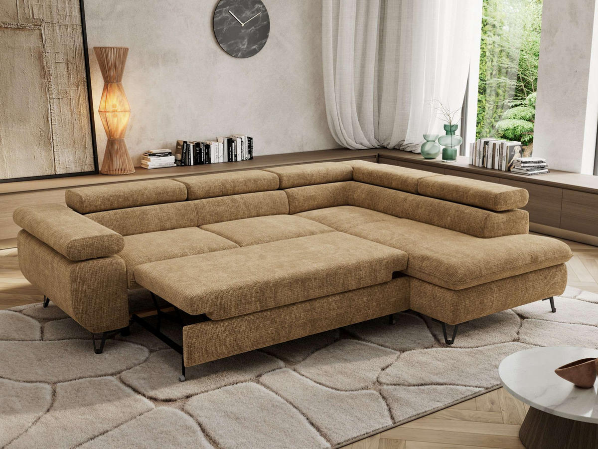 ECKSOFA PABLO L Hellbraun Schenille grob gewebt - Rechts Seite mit T25 Topper - Hellbraun/Schwarz, Textil/Metall (273/208cm) - MKS