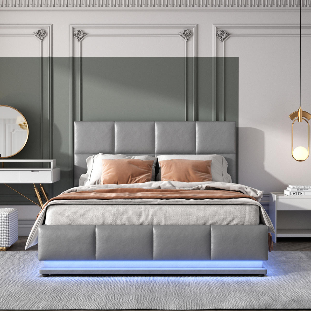 POLSTERBETT 140/200 cm mit LED-Beleuchtung, hydraulischem Bettkasten und Kunstlederbezug, Grau - Grau, Textil (140/200cm) - Redom