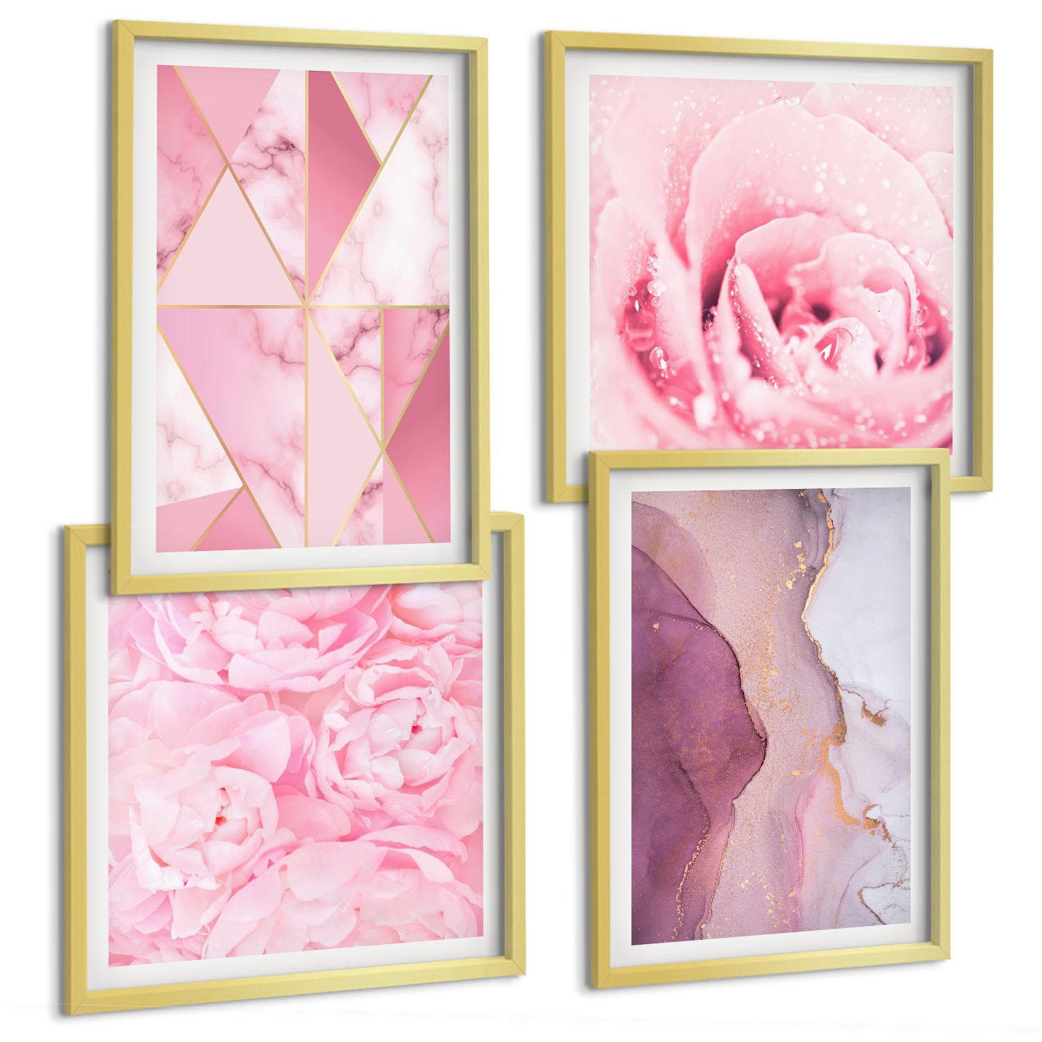 BILDER SET 4er Set - 50x50 cm & 40x60 cm Goldrahmen - Rosa geometrische Pfingstrosen - Goldfarben, Kunststoff (50/50cm) - TULUP