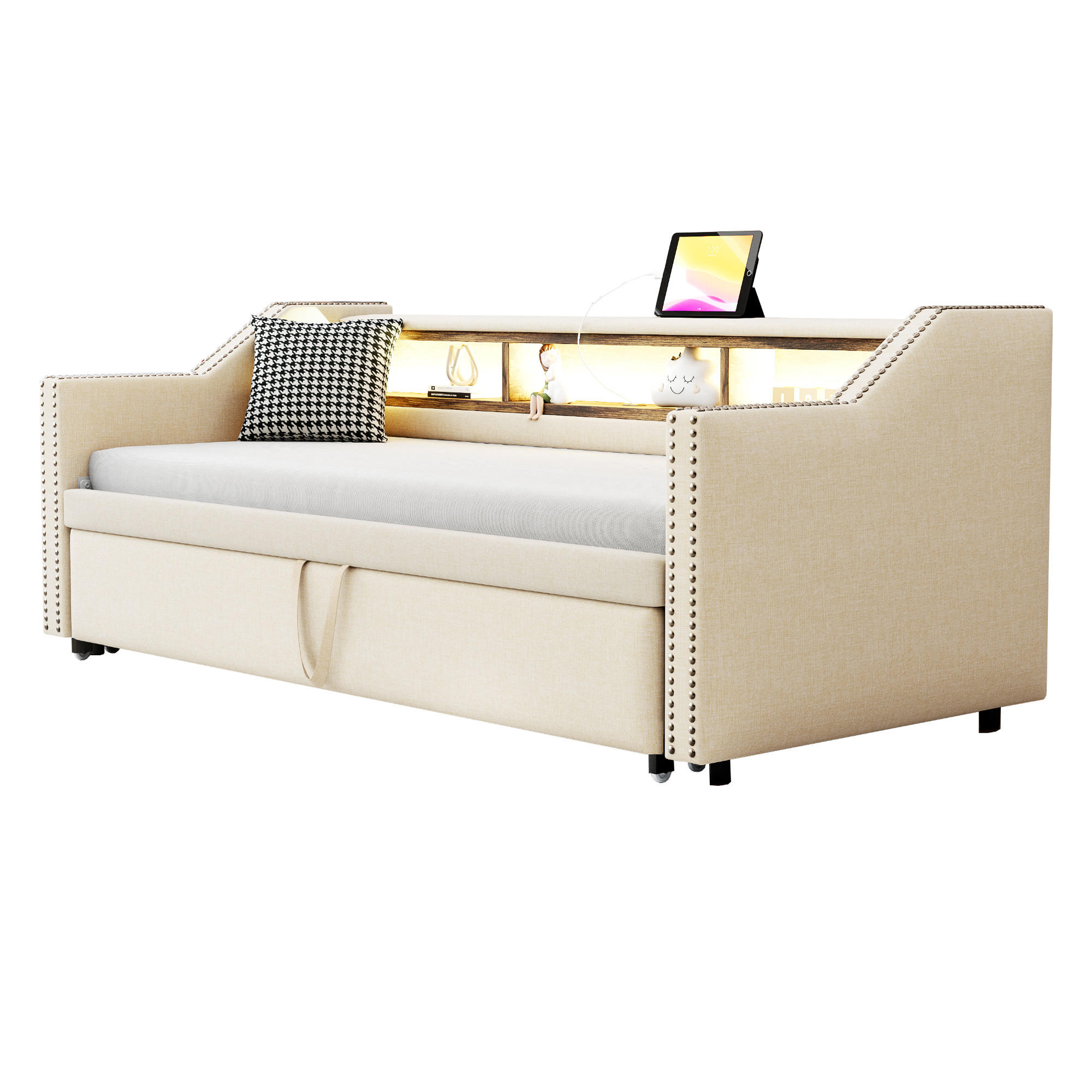 BETT Ausziehbar mit USB-Anschlüssen und LED-Beleuchtung Beige 90/190 cm - Beige, Textil (90/190cm) - OKWISH